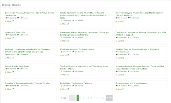 Full course catalog with program listings and search filters on the right