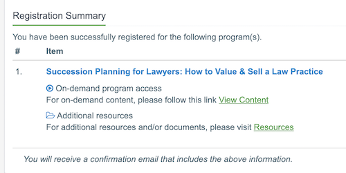 Registration summary with the View Content link highlighted